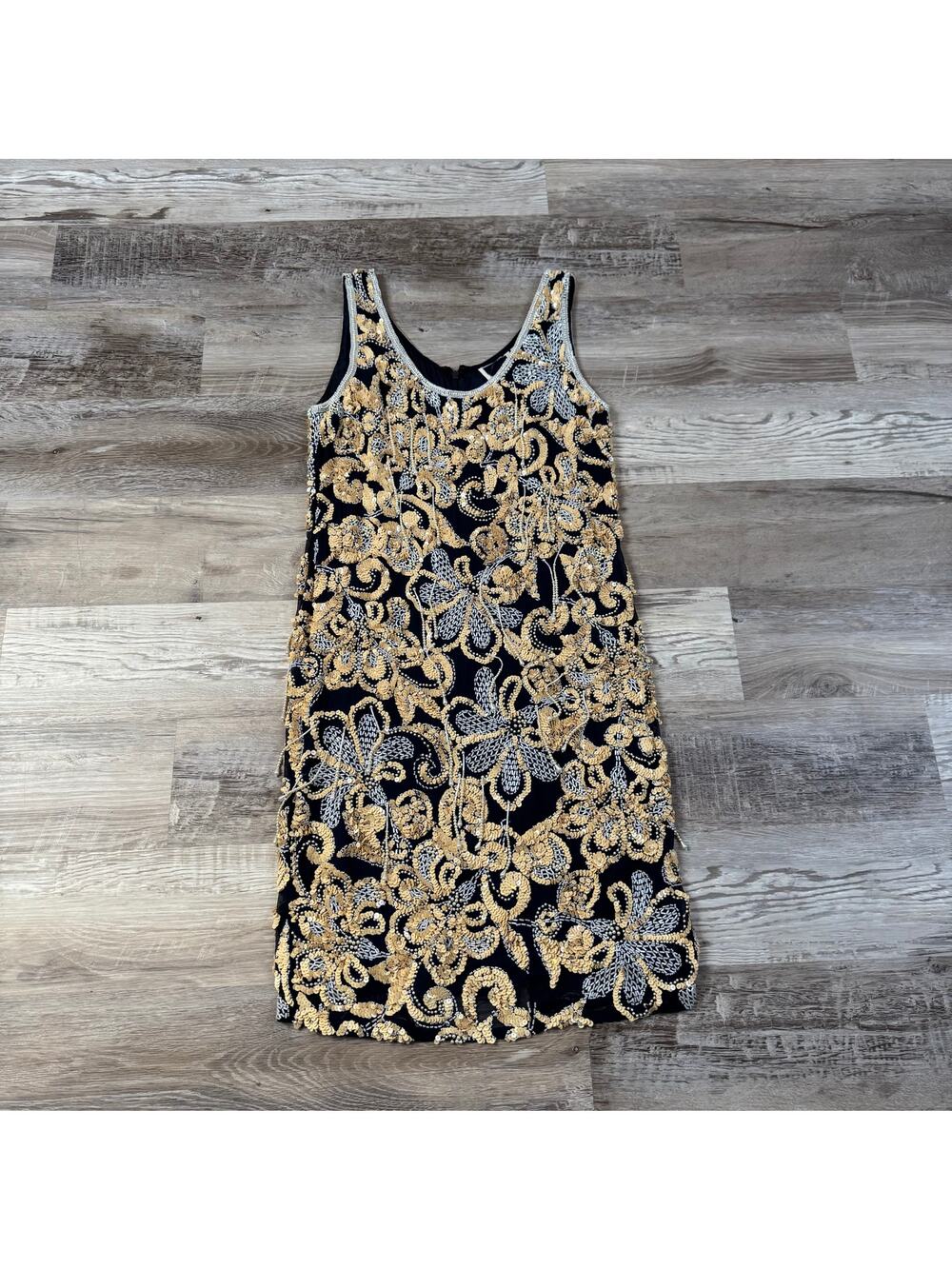 Vintage 90s Navy Silk Gold Beaded Sequin Cocktail Dress Art Deco Glam Medium